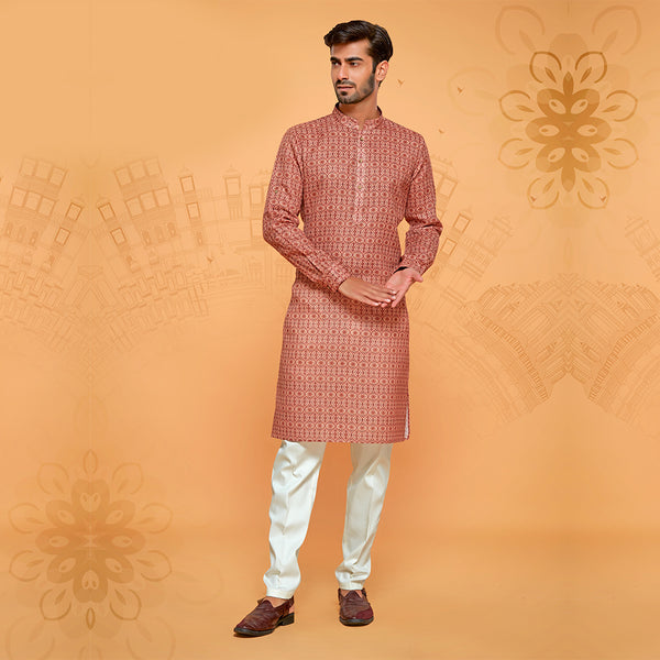 Red Jamawar Print Festive Kurta