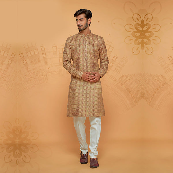 Golden Jamawar Print Festive Kurta