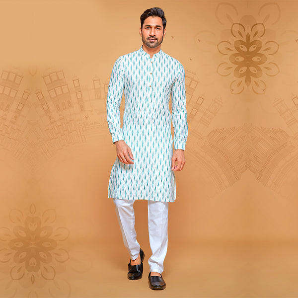 White and Blue Printed Kurta for Men