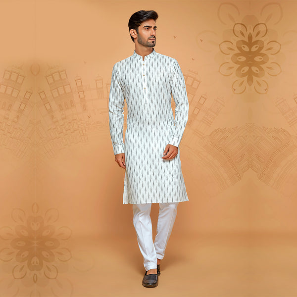 White Kurta for Men with Minimal Brown Print