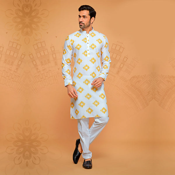 White Cotton Rich Kurta Enriched With Yellow Pattern