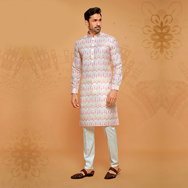 White Cotton Rich Kurta With Pink Zig Zag Print