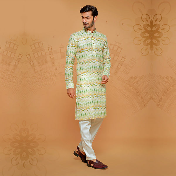 White Cotton Rich Kurta With Green Zig Zag Print