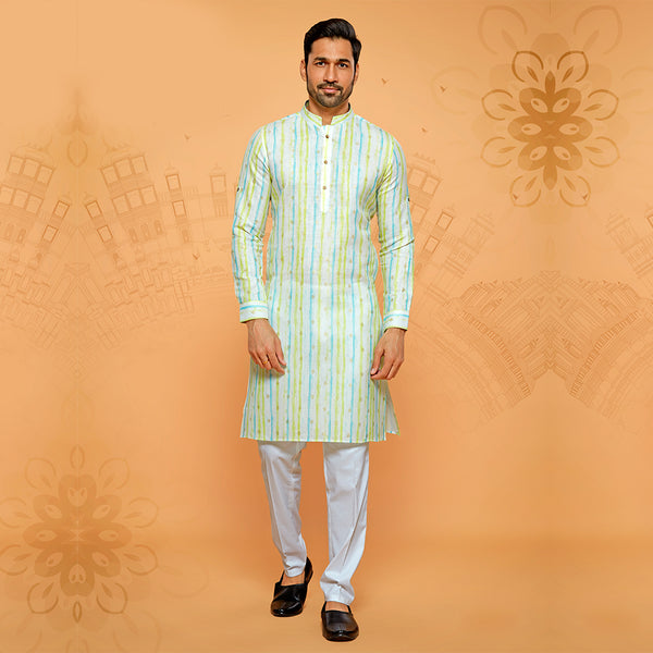 Men White Elegant Kurta Enriched With Blue and Yellow Stripes