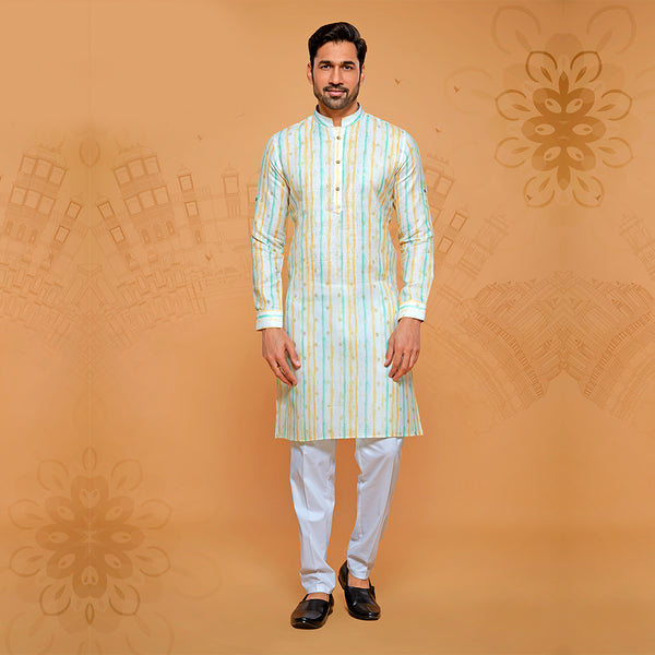 Men White Cotton Kurta With Blue and Orange Stripes