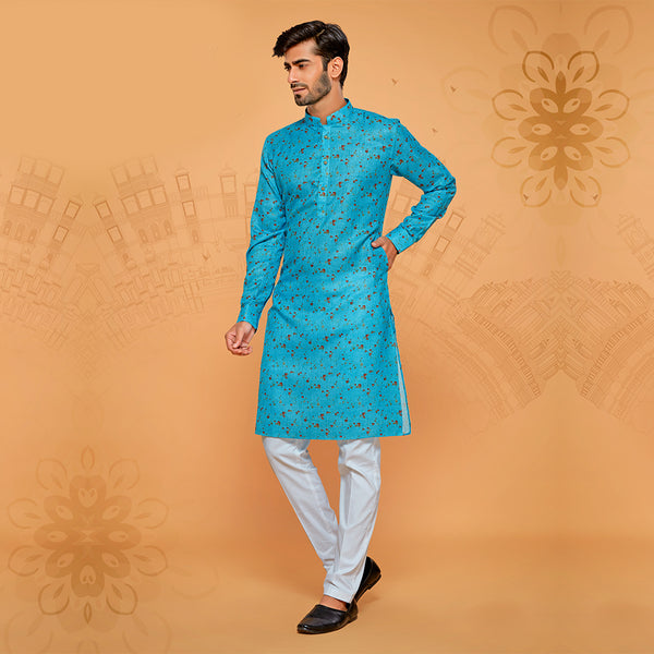 Men Blue Cotton Kurta With Ink Blot Print