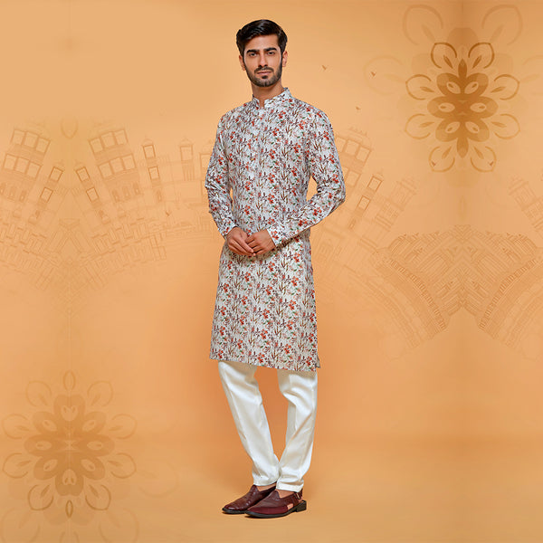 Men White Cotton Kurta With Large Floral Print in Red