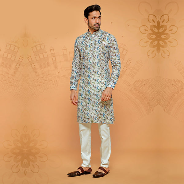 Men White Cotton Kurta With Large Floral Print in Blue