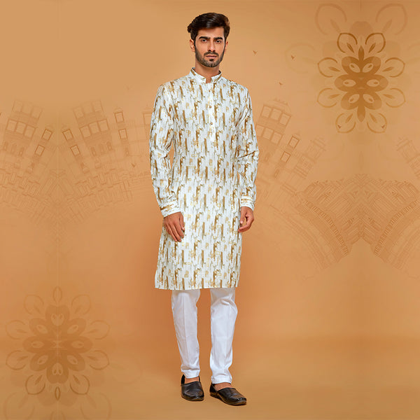 White and Gold Abstract Printed Kurta