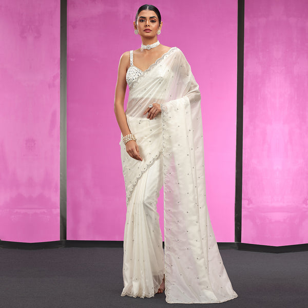 Sophisticated White Georgette Saree With Minimal Embroidery
