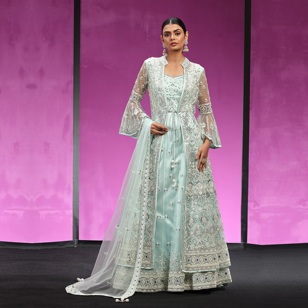 Sky Blue Silk and Net Gown Paired With Heavy Embellished Jacket