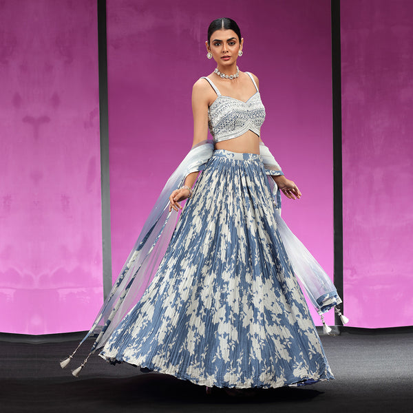 Blue Printed Lehenga Paired with Thread Work Bustier