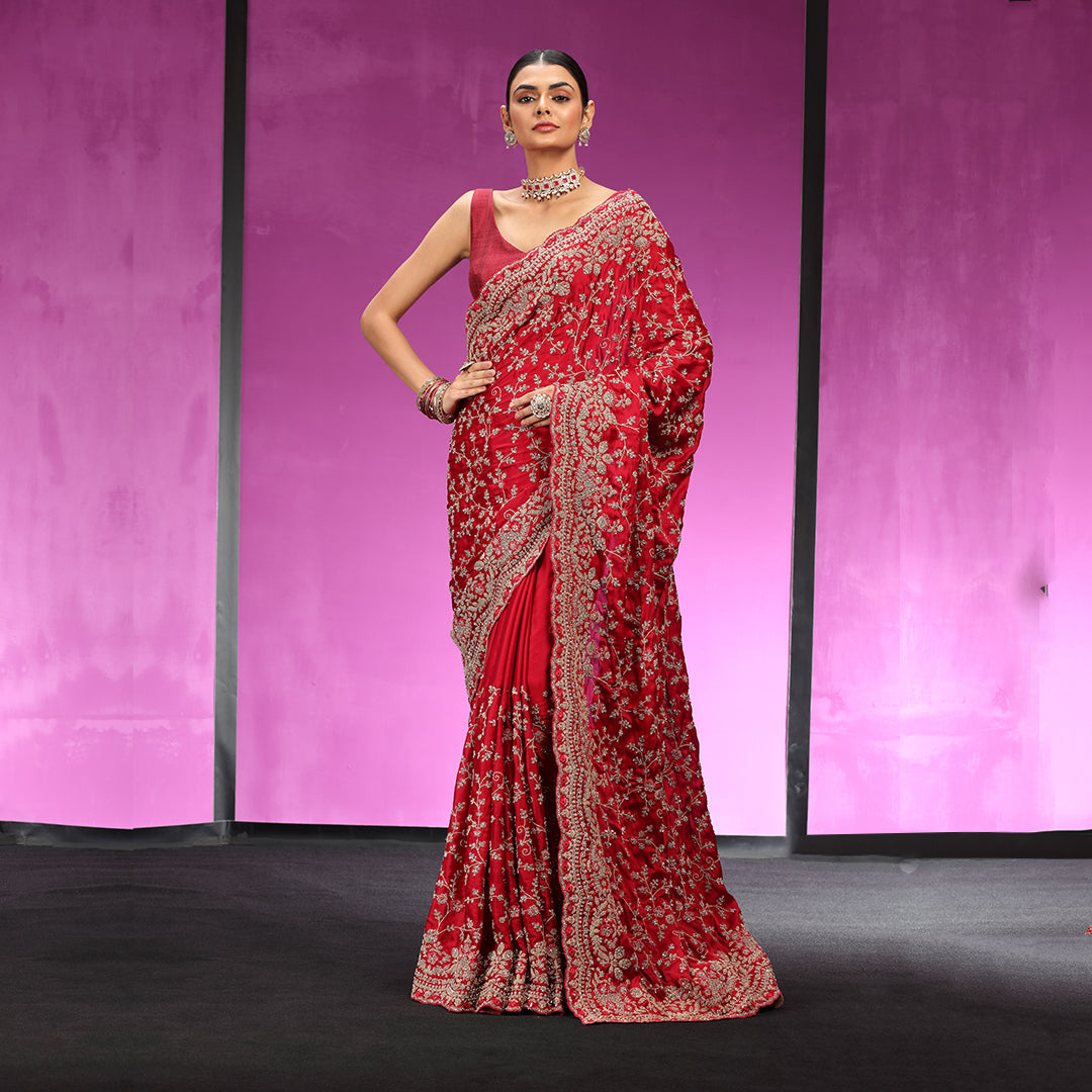 Buy Hot Pink Satin Mehndi Designer Traditional Saree Online
