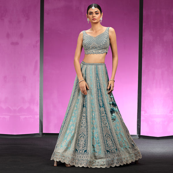 Contrasted Thread Work Lehenga in Shades of Blue