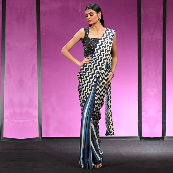Geometric Printed Ready to Wear Saree with Sequin Blouse