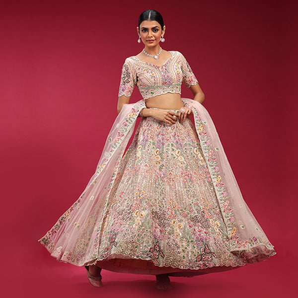 Pretty Baby Pink Lehenga Set Enriched with Multi Colour Embroidery