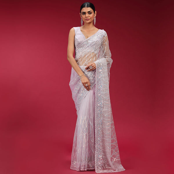 Lavender Sequined Net Embroidered Saree
