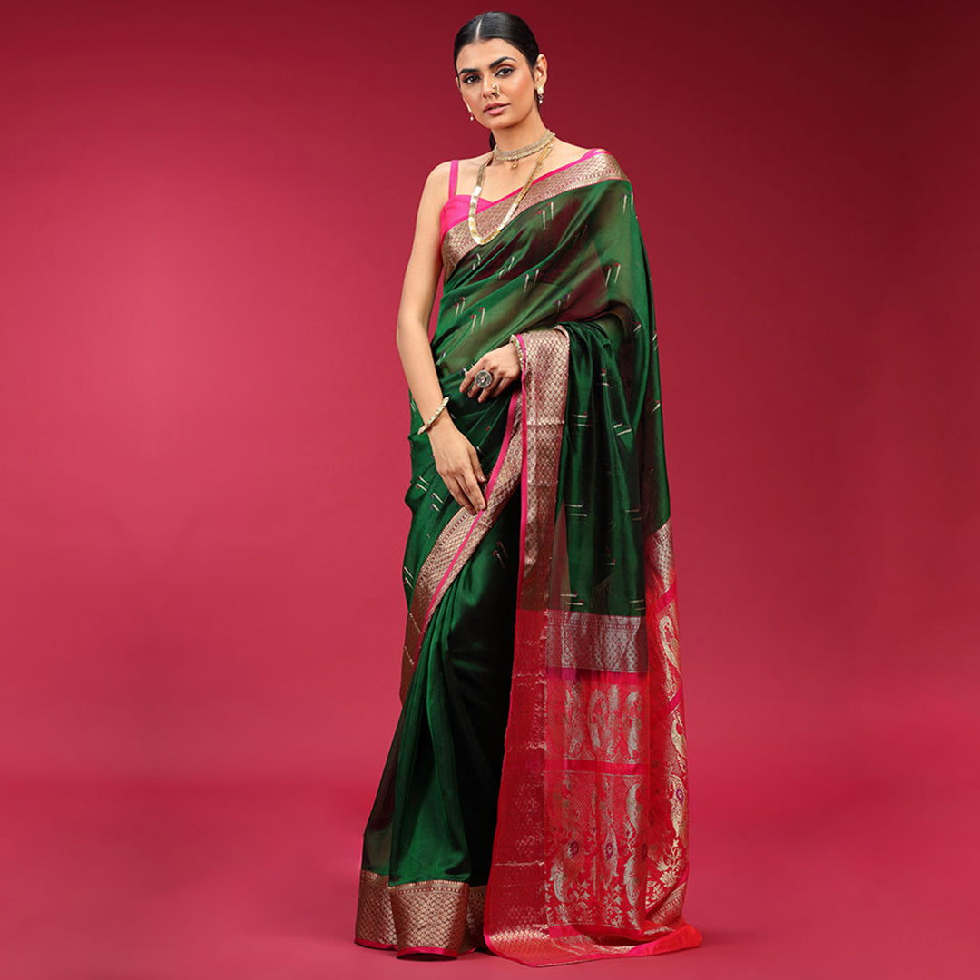 Pink woven paithani silk saree with blouse - Sangam Prints - 4050357