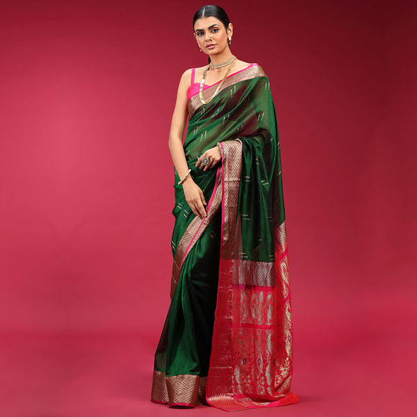 Silk Banarasi Style Saree in Green with Pink Blouse