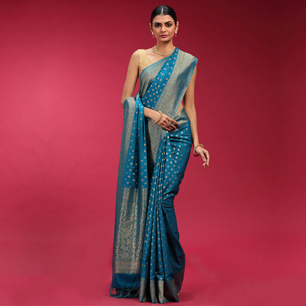 Cobalt Blue Jacquard Printed Saree for Women