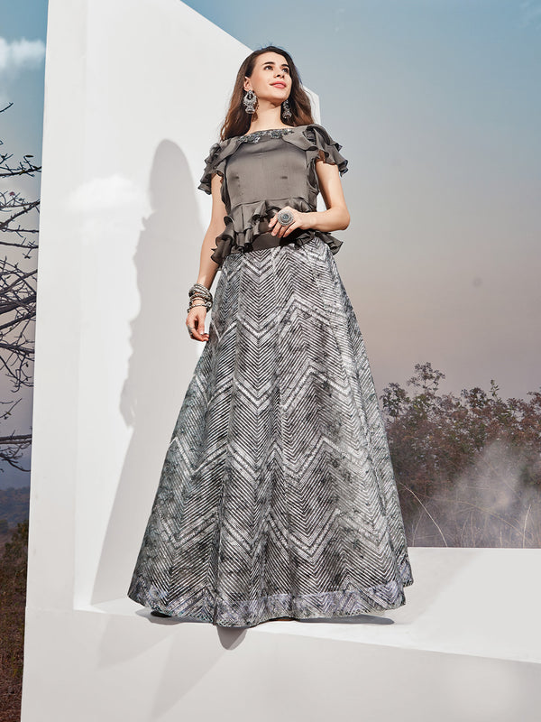 Indo-Western Straight Printed Skirt Adorned with Silk Ruffled Top