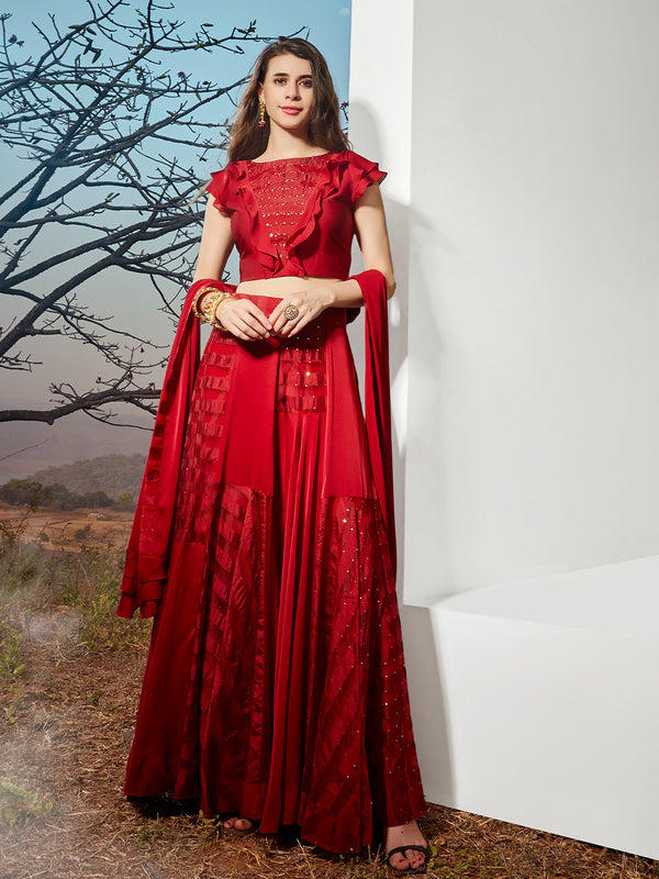 Beautiful Red Ruffled Lehenga Choli with Prints and Layers