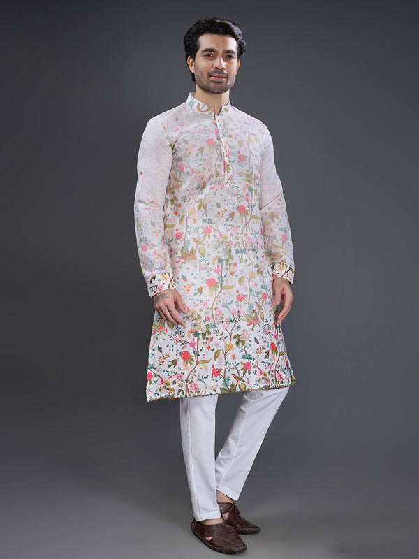 Faded floral printed kurta in white