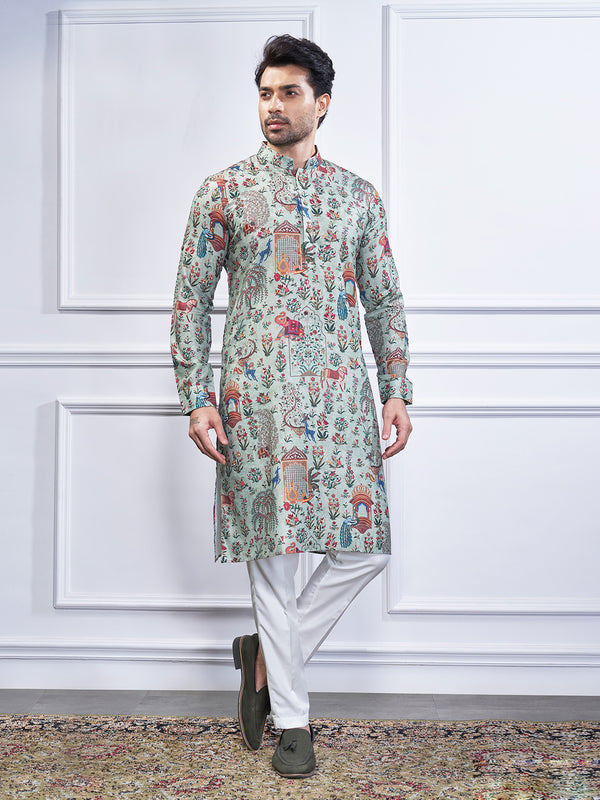 Pastel green kurta enriched with floral and elephant print