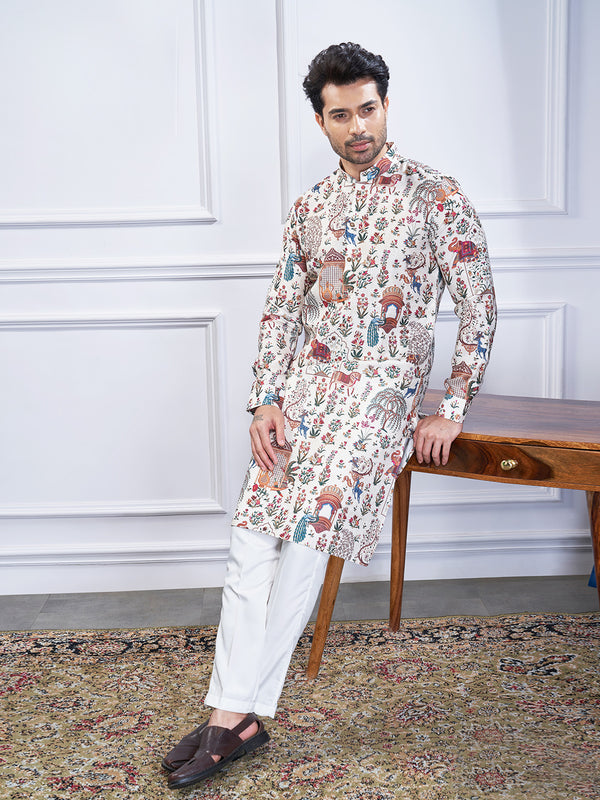 White mix printed kurta for men