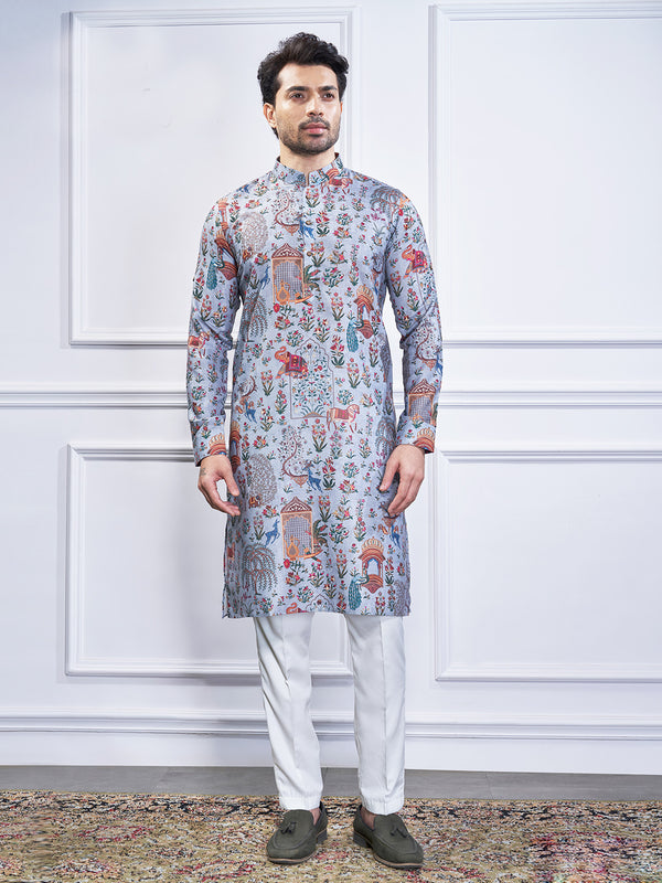 Printed kurta for men in slaty blue