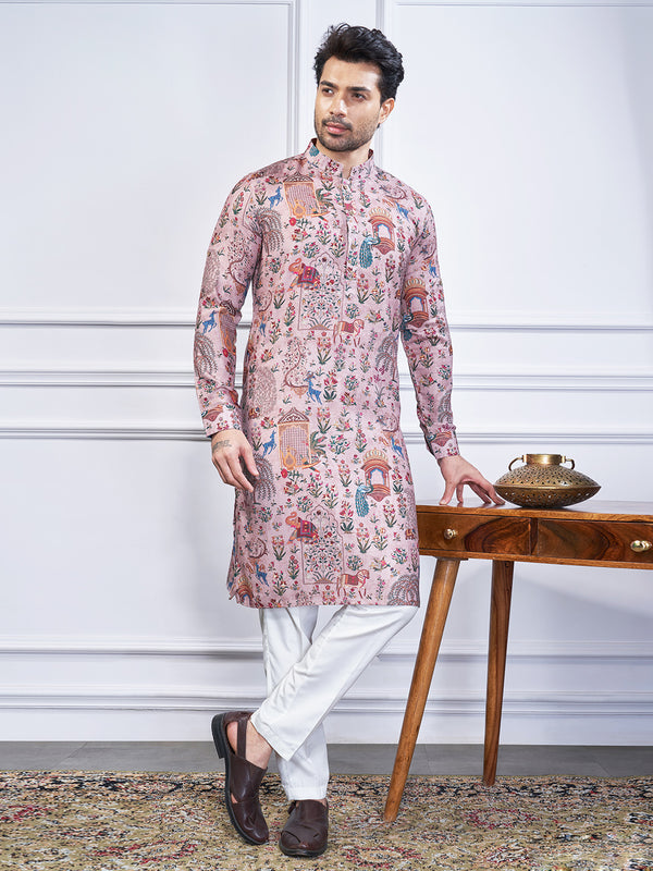 Matte pink kurta with mix prints
