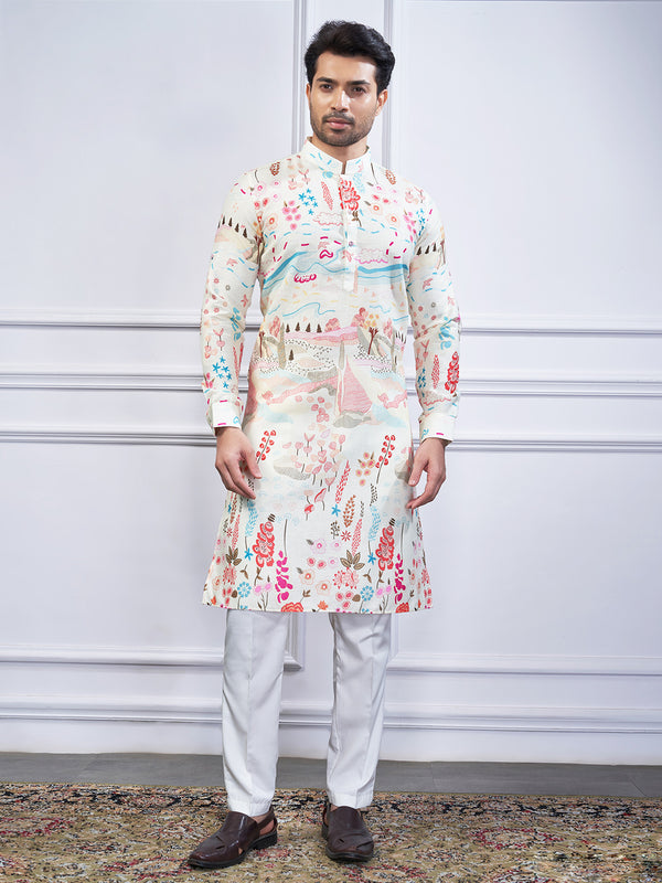 Boho pastel printed off-white kurta for men
