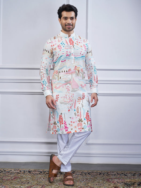 Boho pastel printed white kurta for men