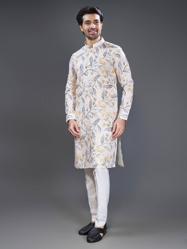 Yellow and grey printed off white kurta for men