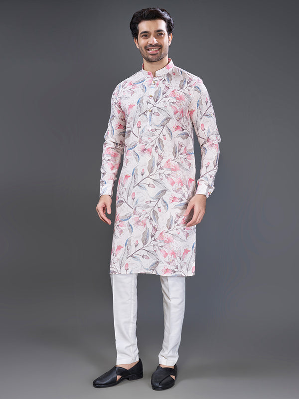 Pink and grey printed off white kurta for men