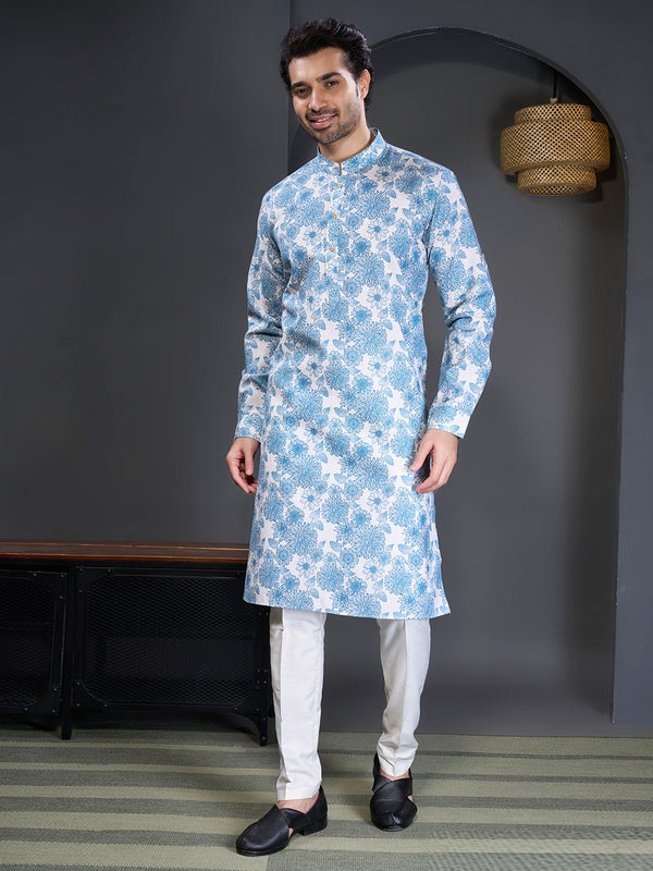 Blue and white floral printed kurta for men