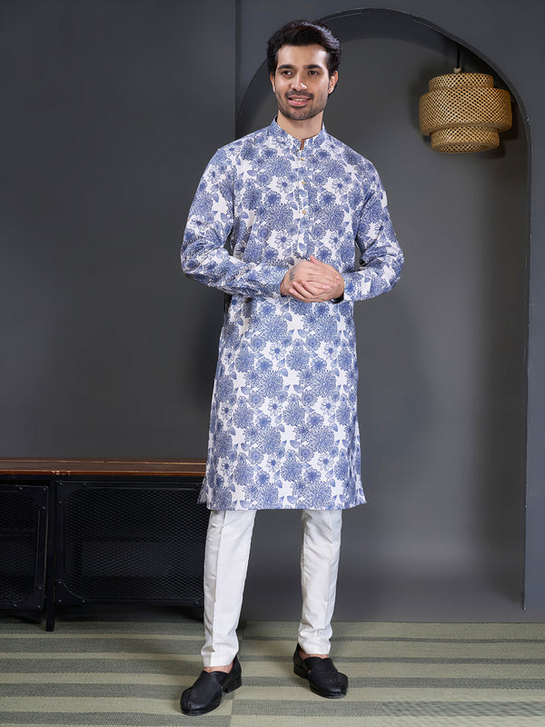 Ink blue and white floral printed kurta