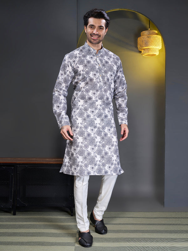 White kurta for men with grey florals