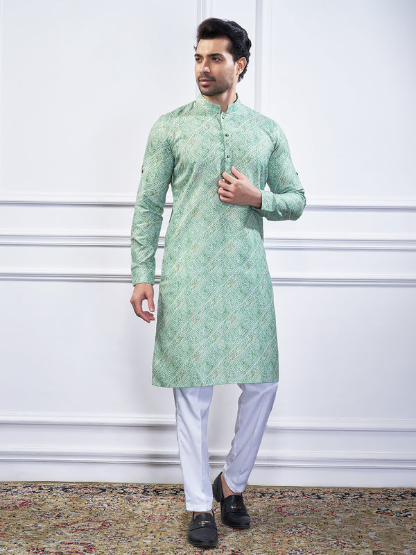 Green bandhani printed kurta for men