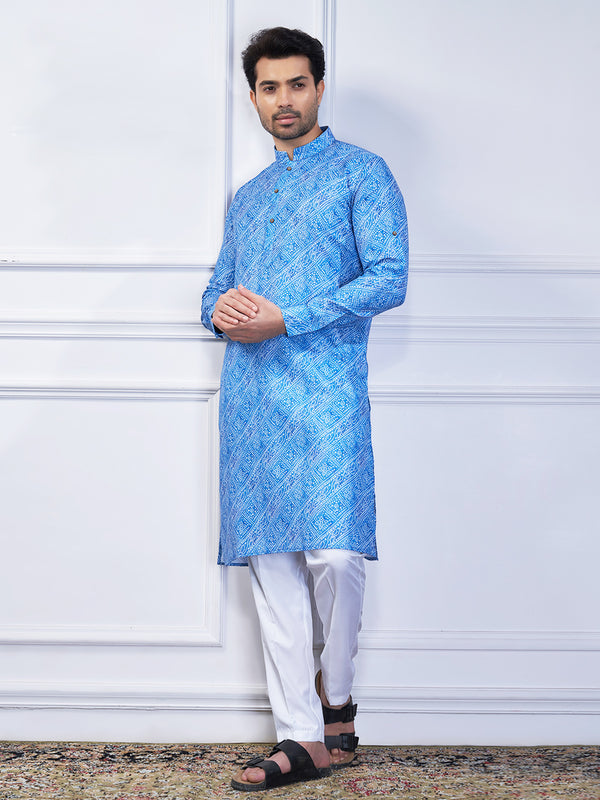 Blue bandhani printed kurta for men