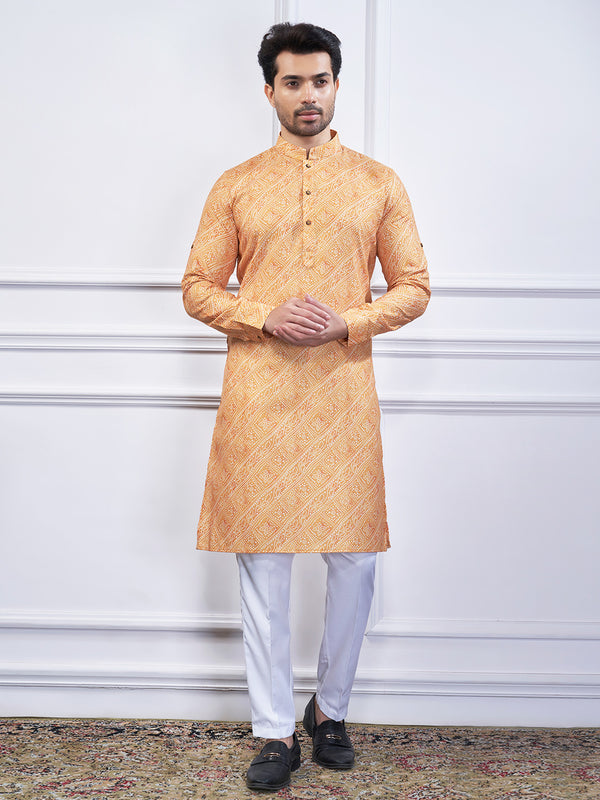 Mango yellow bandhani printed kurta for men