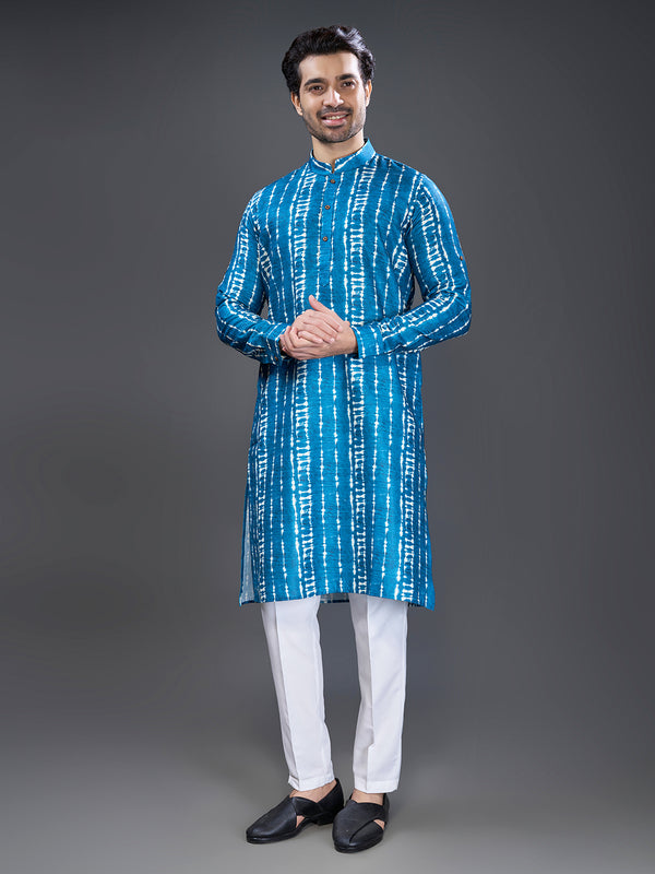 Striking blue printed kurta for men