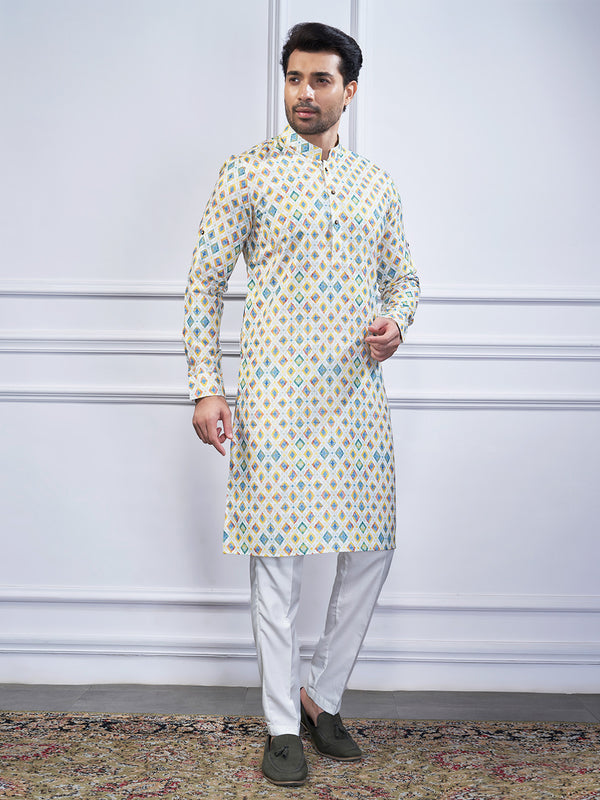 Off-white and blue geometric printed kurta for men