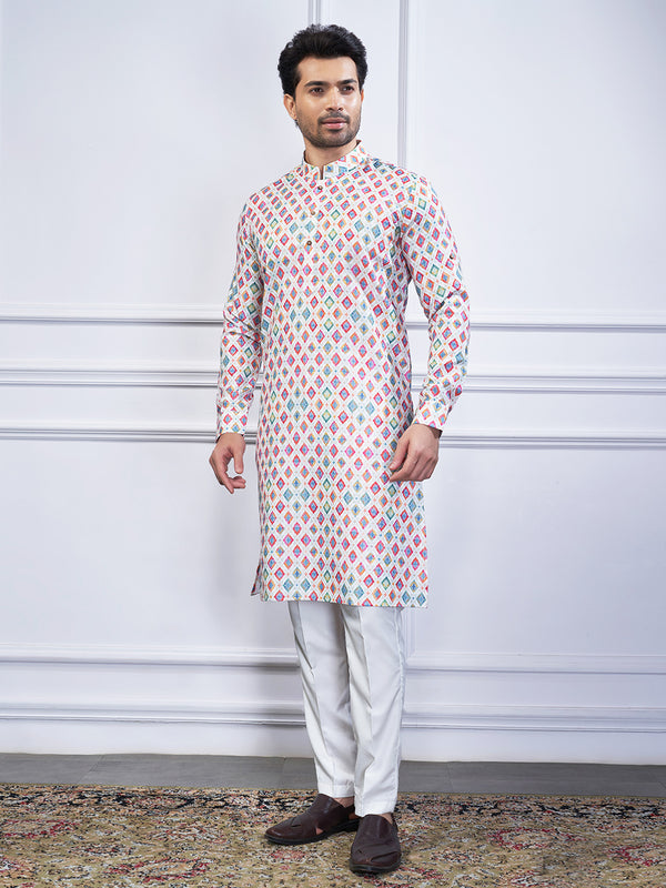 Off-white and red geometric printed kurta for men