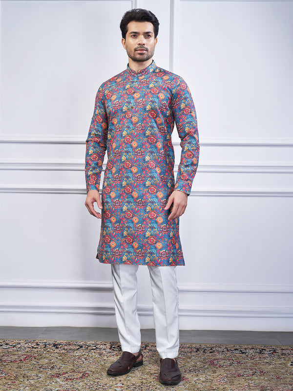 Blue and red floral printed kurta for mebn