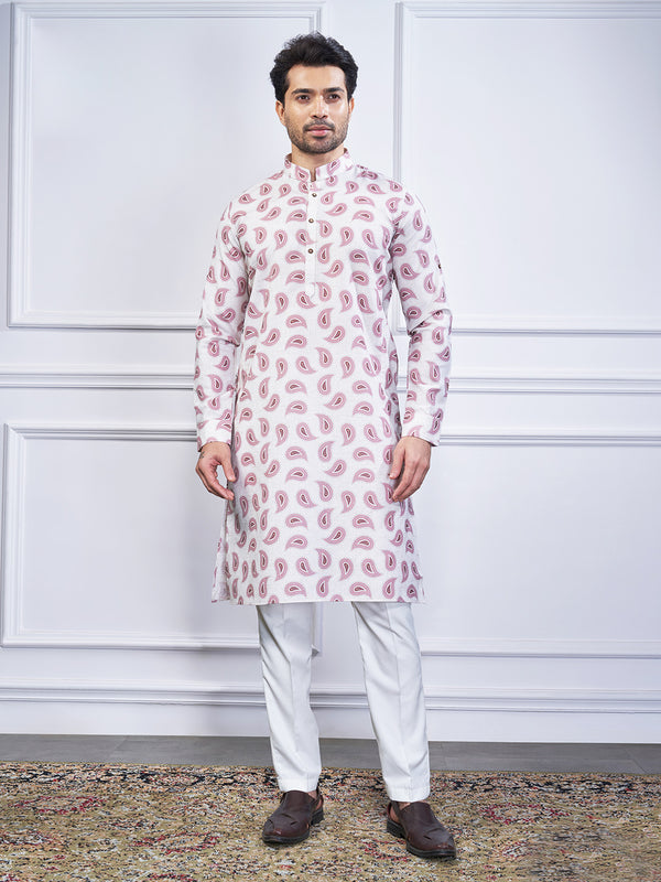 Simple white kurta with pink paisleys
