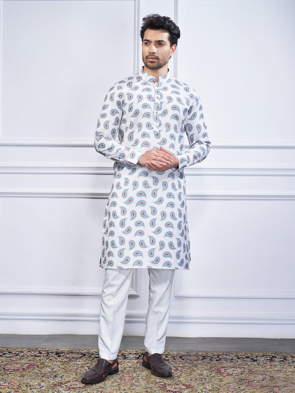 classic white kurta with blue paisleys