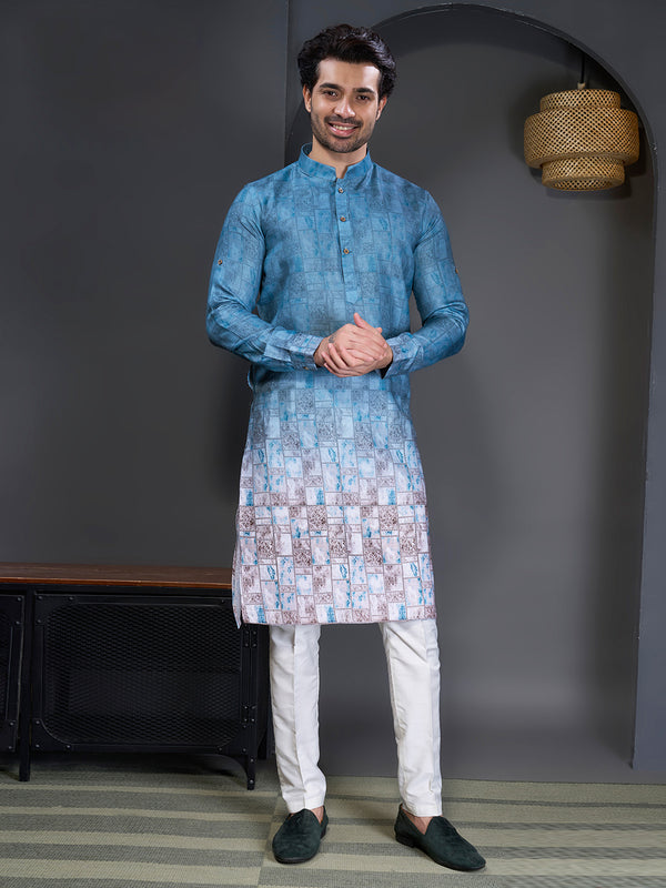 Ombre blue and white geometric printed kurta