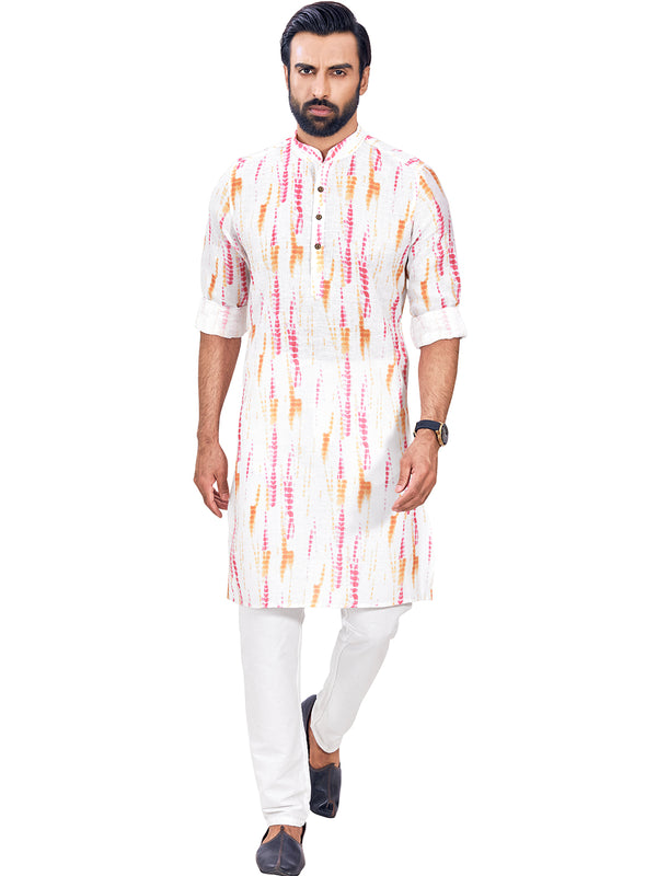Festive White kurta adorned with pink and yellow tie-dye print