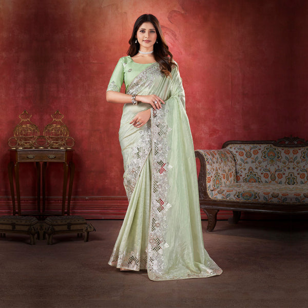 Glamour Serene Light Green Embroidered Saree